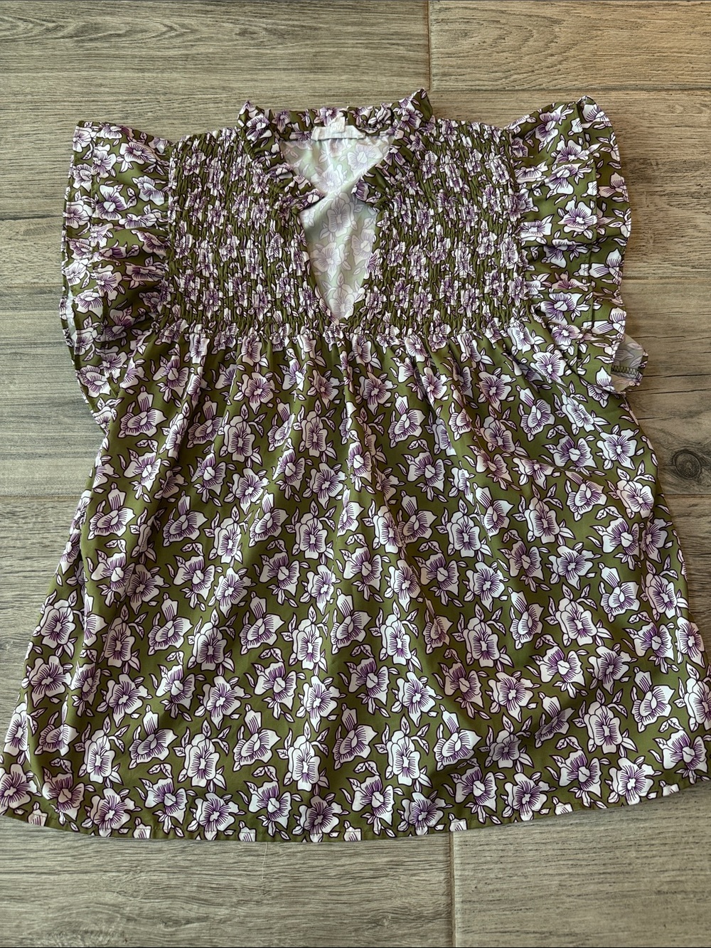 THML Olive Green and purple Floral Smocked Flutter Sleeve Top